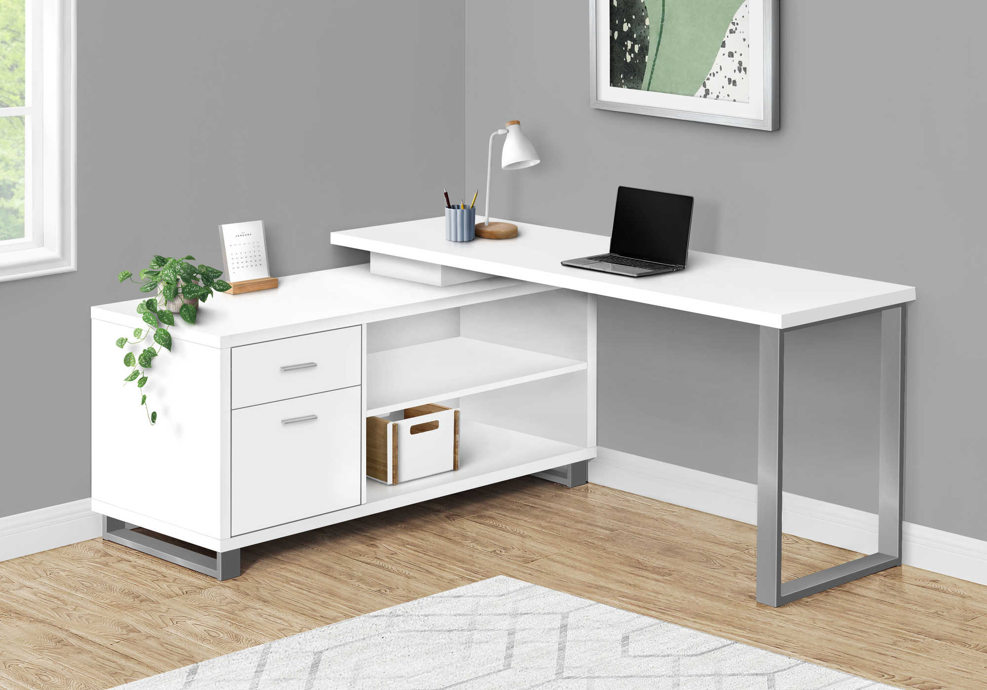 BUREAU D'ORDINATEUR - 72"L EN COIN EXÉCUTIF BLANC / ARGENT ( Meuble Mtl ) 