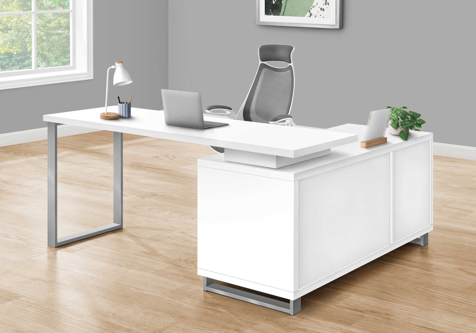 BUREAU D'ORDINATEUR - 72"L EN COIN EXÉCUTIF BLANC / ARGENT ( Meuble Mtl ) 