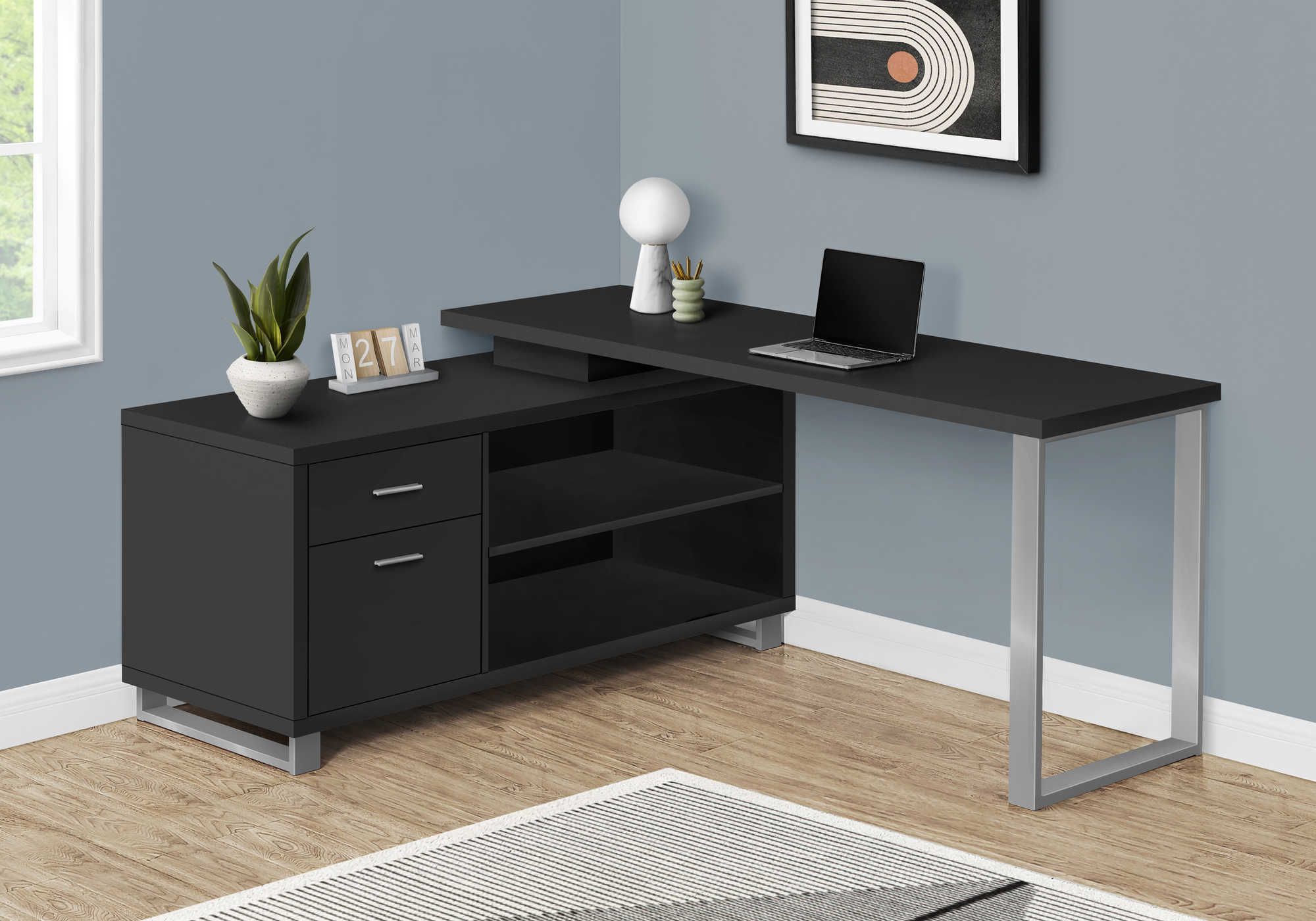BUREAU D'ORDINATEUR - 72"L COIN EXÉCUTIF NOIR / ARGENT ( Meuble Mtl ) 