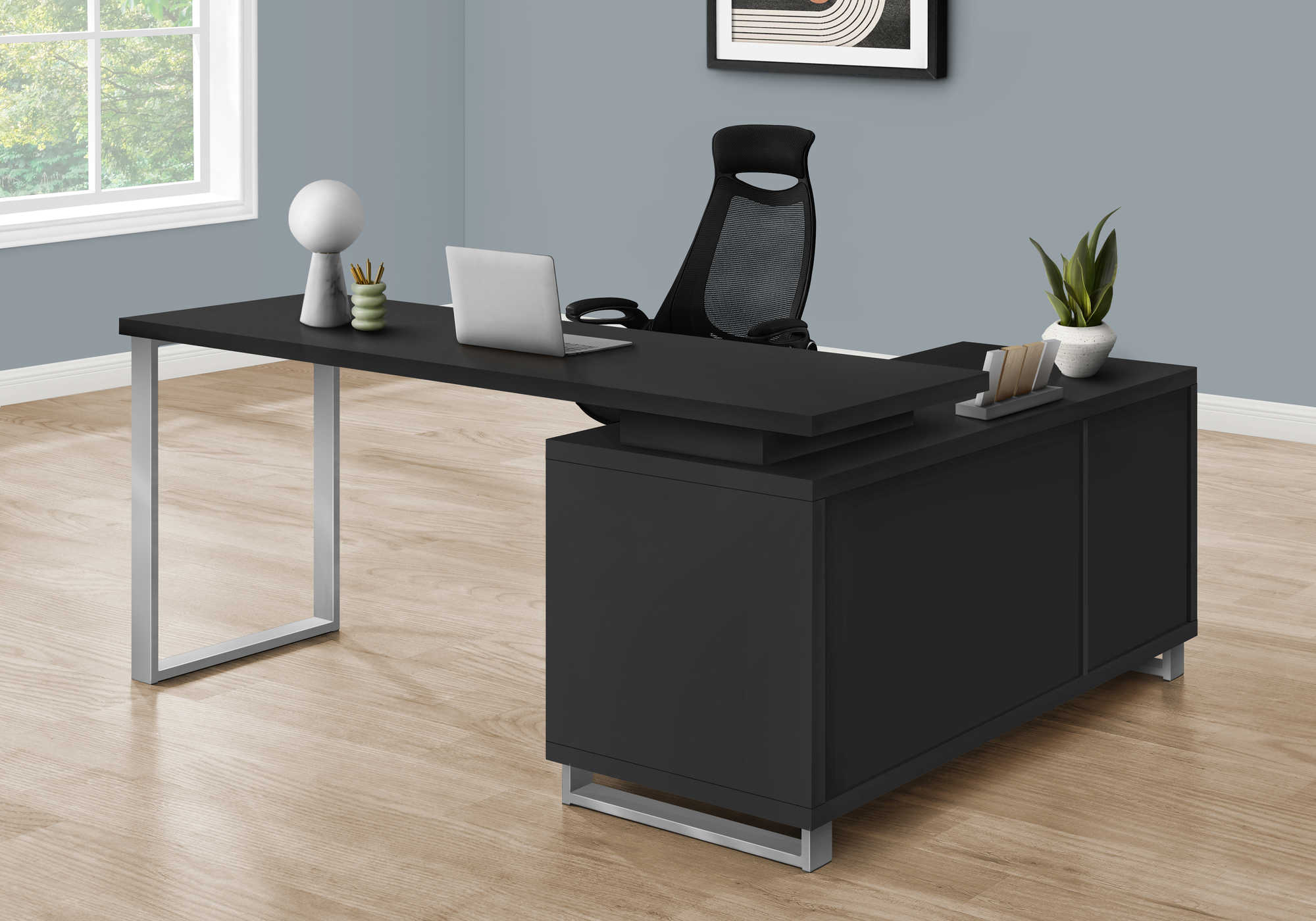 BUREAU D'ORDINATEUR - 72"L COIN EXÉCUTIF NOIR / ARGENT ( Meuble Mtl ) 