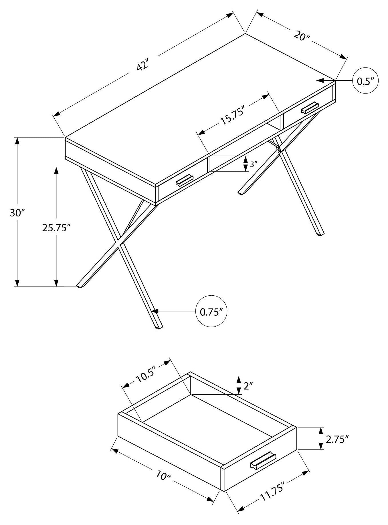 BUREAU D'ORDINATEUR - 42"L / GRIS / METAL NOIR ( Meuble Mtl ) 
