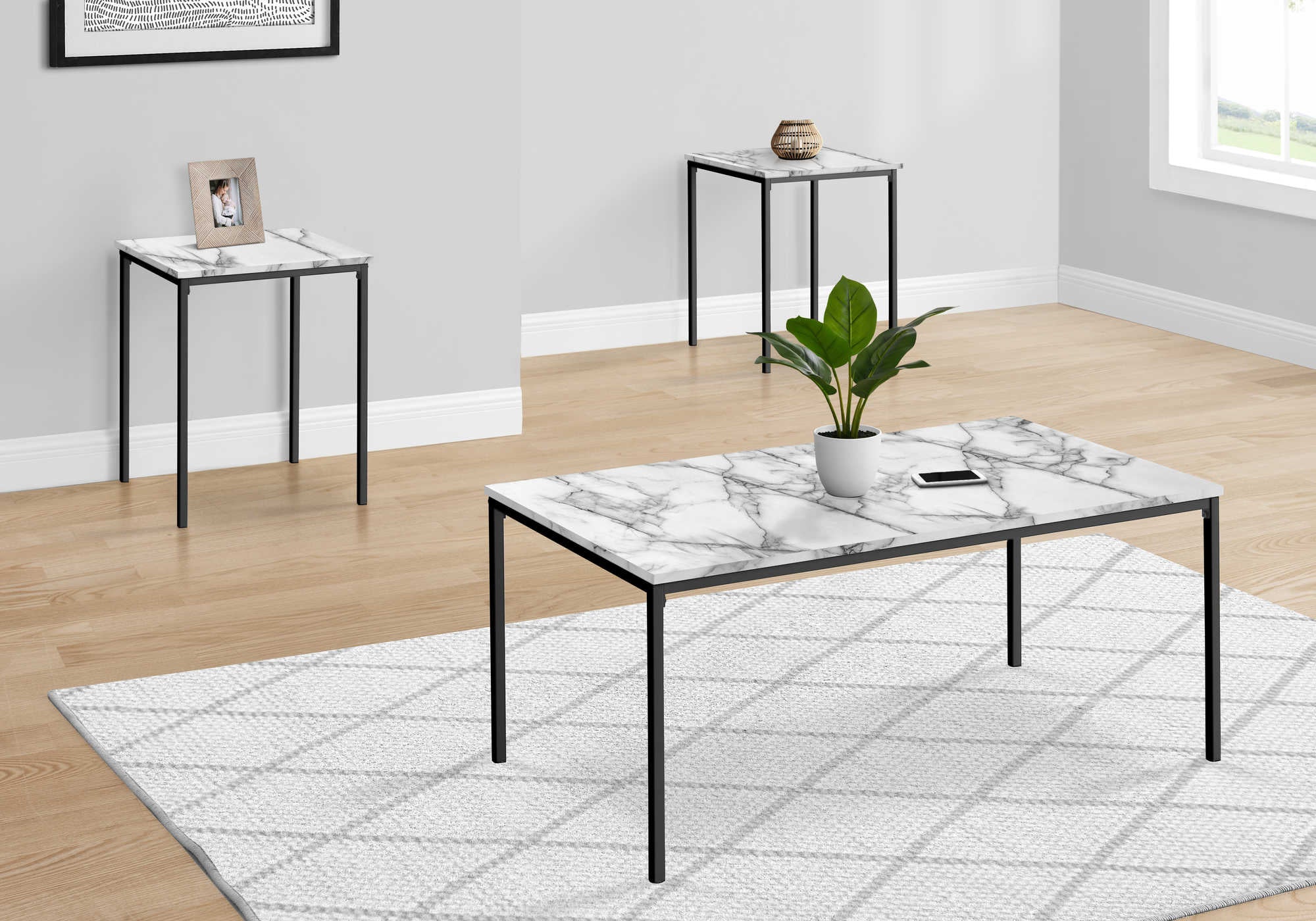 ENSEMBLE DE TABLE - ENSEMBLE 3PCS / MARBRE BLANC / MÉTAL NOIR
