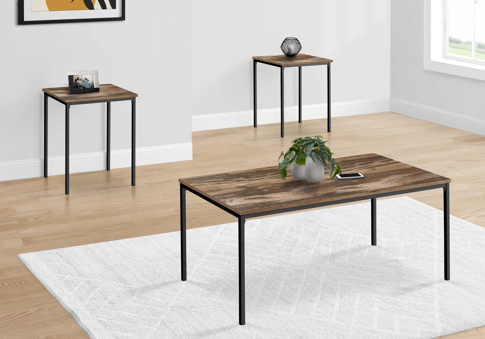 ENSEMBLE DE TABLE - ENSEMBLE 3PCS / BRUN RÉCUPÉRÉ / MÉTAL NOIR