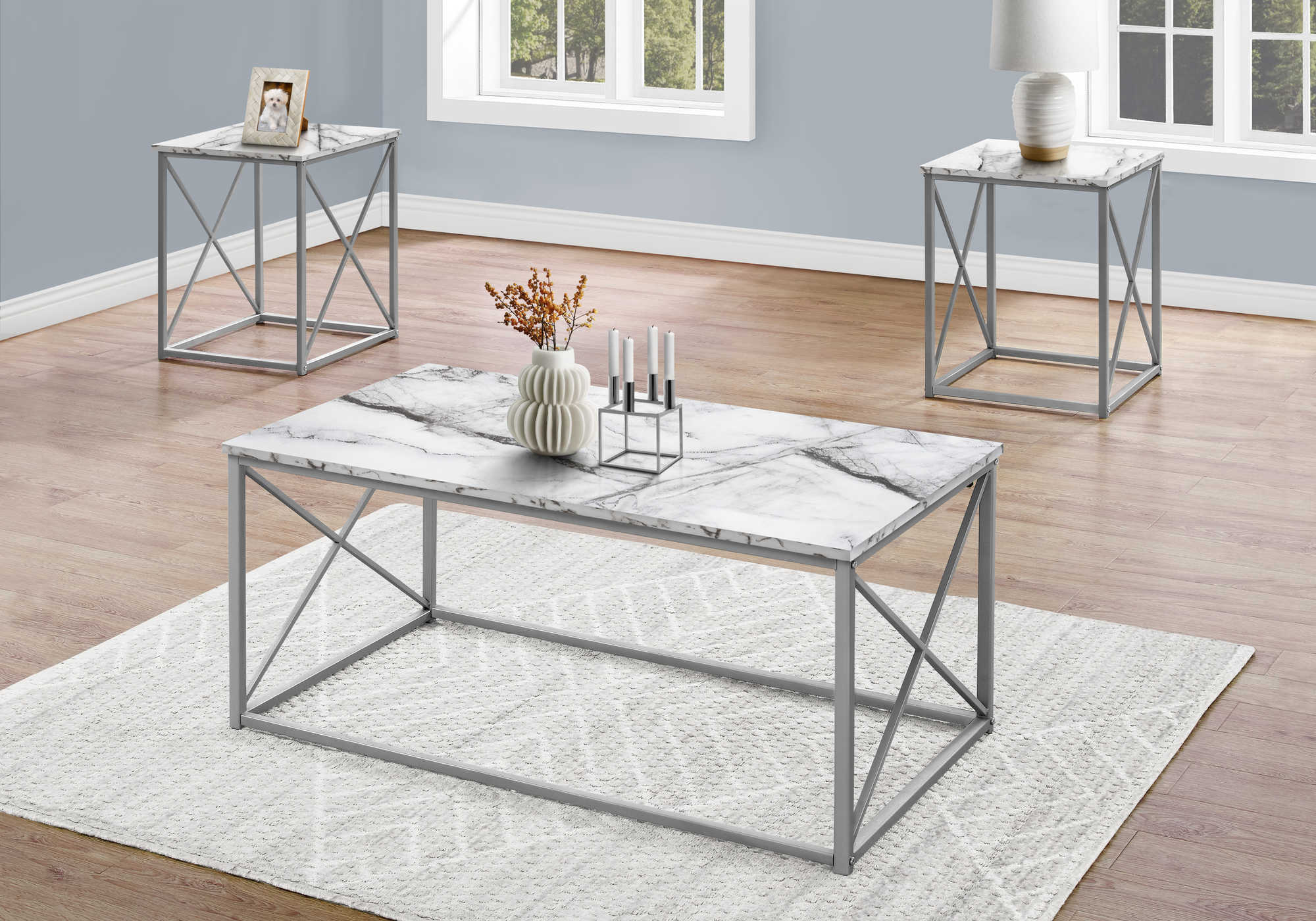 ENSEMBLE DE TABLE - ENSEMBLE 3PCS / MARBRE BLANC / MÉTAL ARGENT