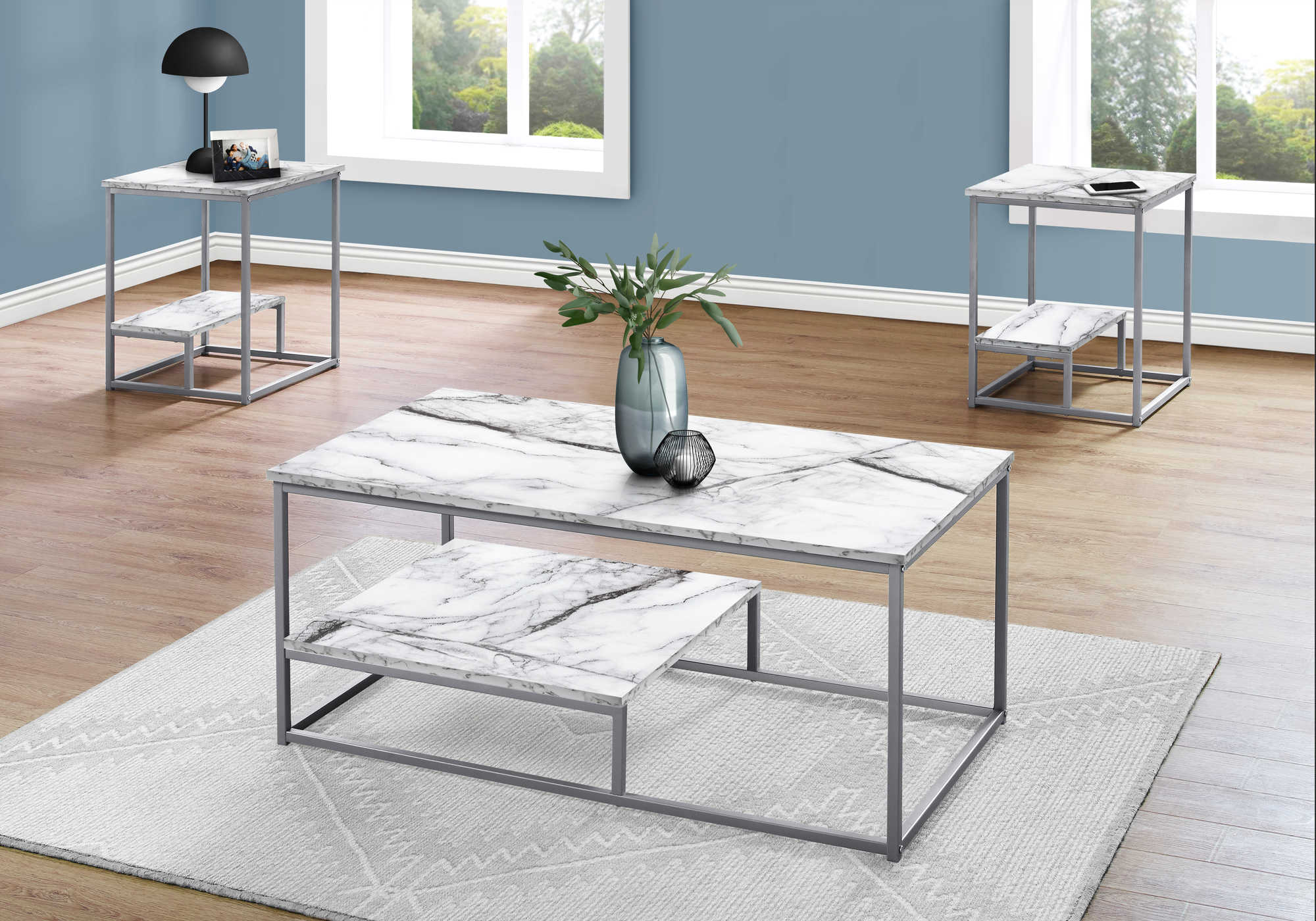 SET DE TABLE - 3PCS / MARBRE BLANC / METAL ARGENT ( Meuble Mtl ) 