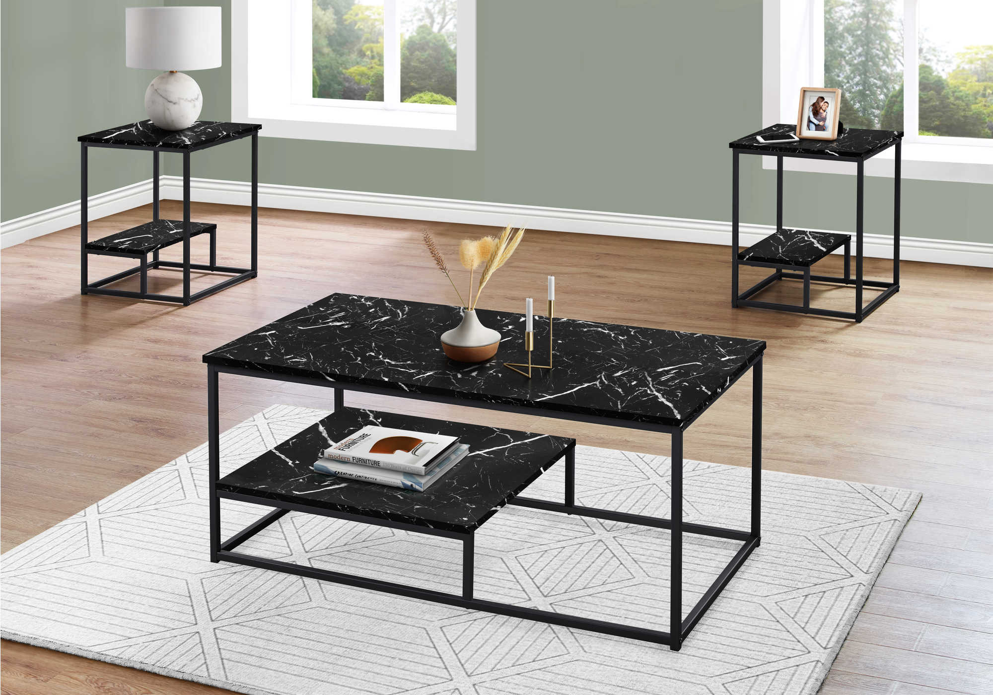 SET DE TABLE - 3PCS / MARBRE NOIR / METAL NOIR ( Meuble Mtl ) 