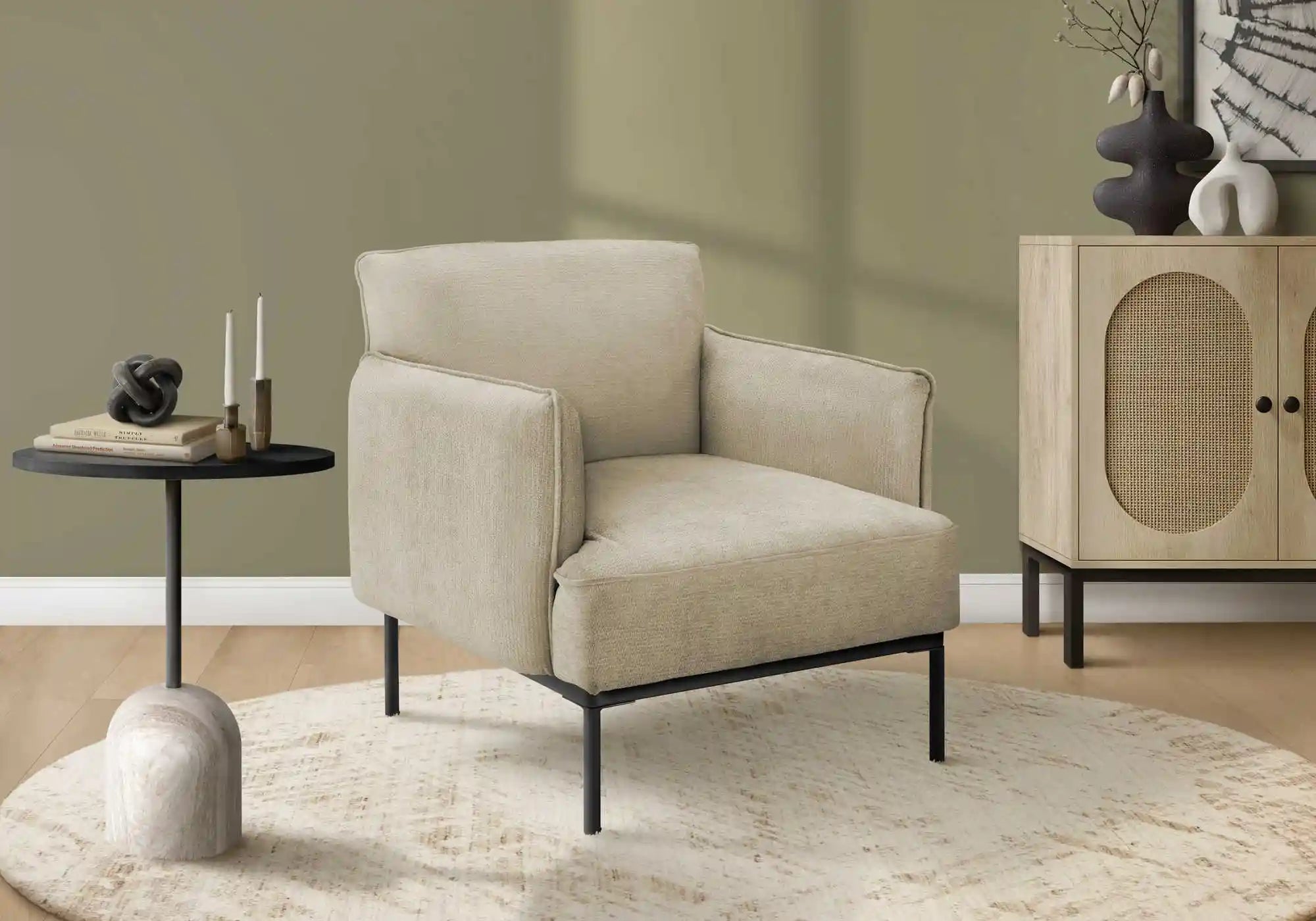 Fauteuil d'Appoint 33 po en Tissu Beige avec Pieds Métal Noir