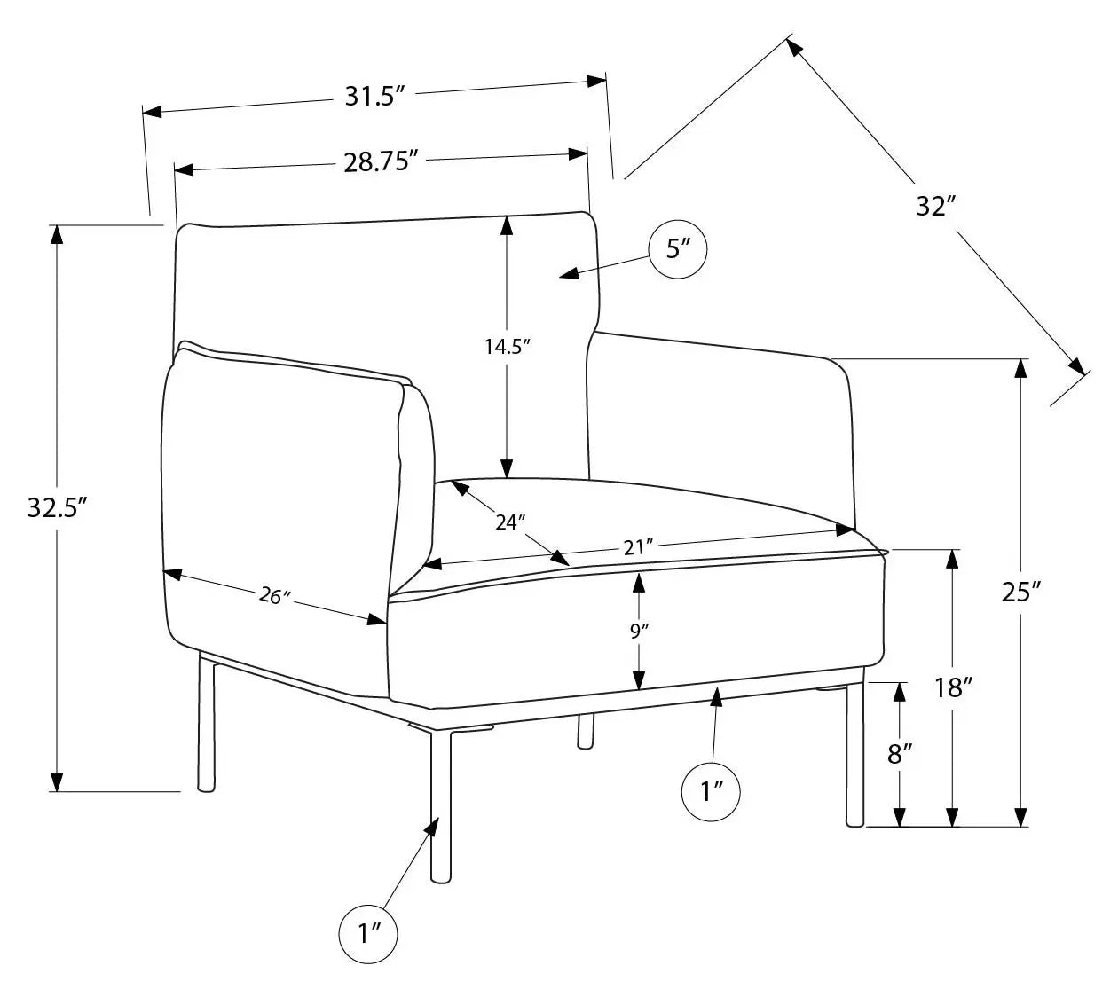Fauteuil d'Appoint 33 po en Tissu Beige avec Pieds Métal Noir