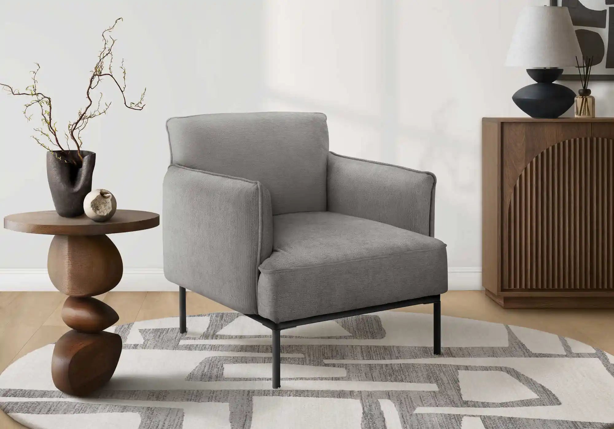Fauteuil d'Appoint 33 po en Tissu Beige avec Pieds Métal Noir