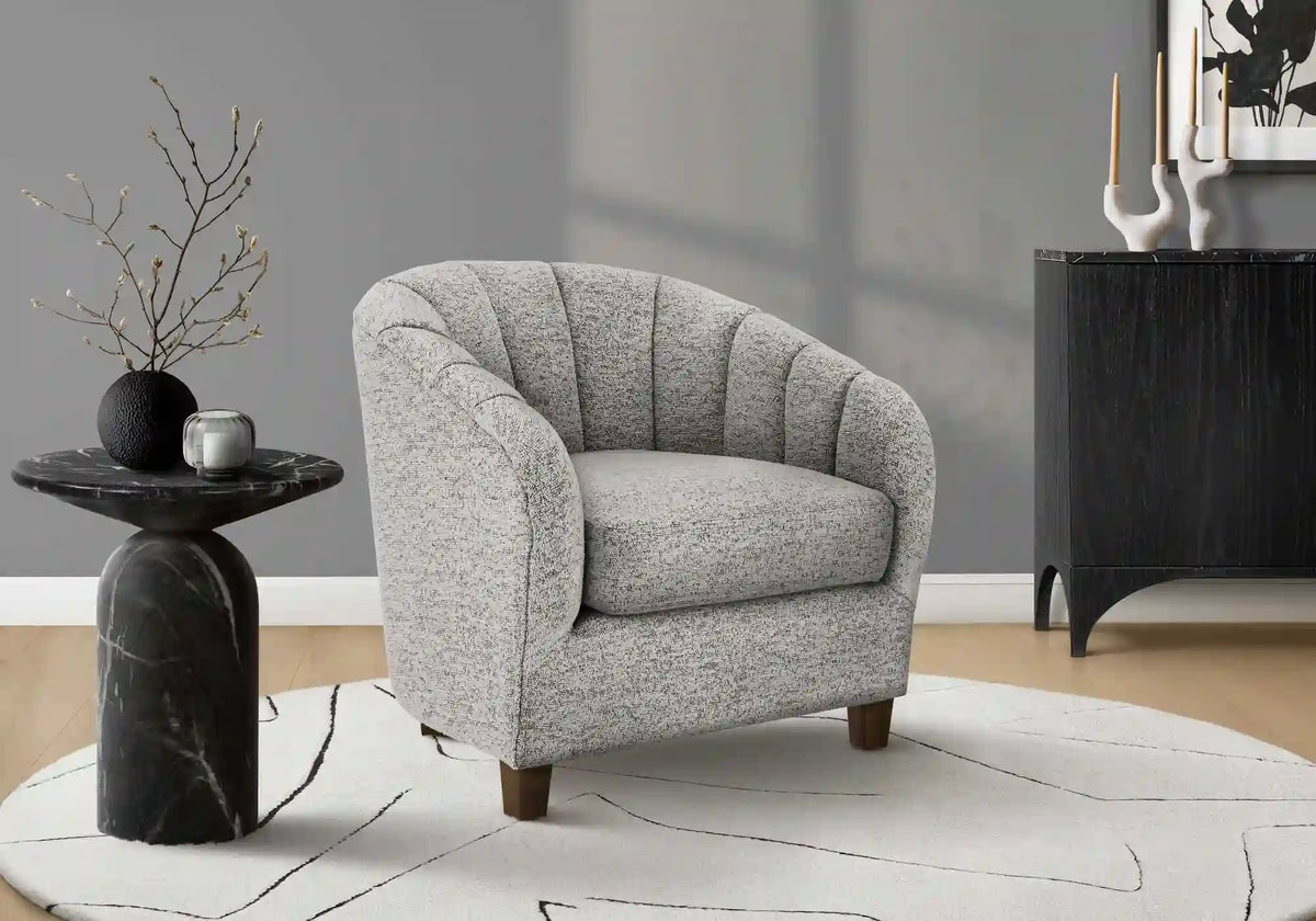 Silver Barrel Accent Chair in Fabric with Walnut Legs