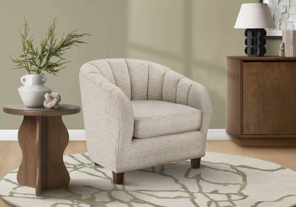 Silver Barrel Accent Chair in Fabric with Walnut Legs