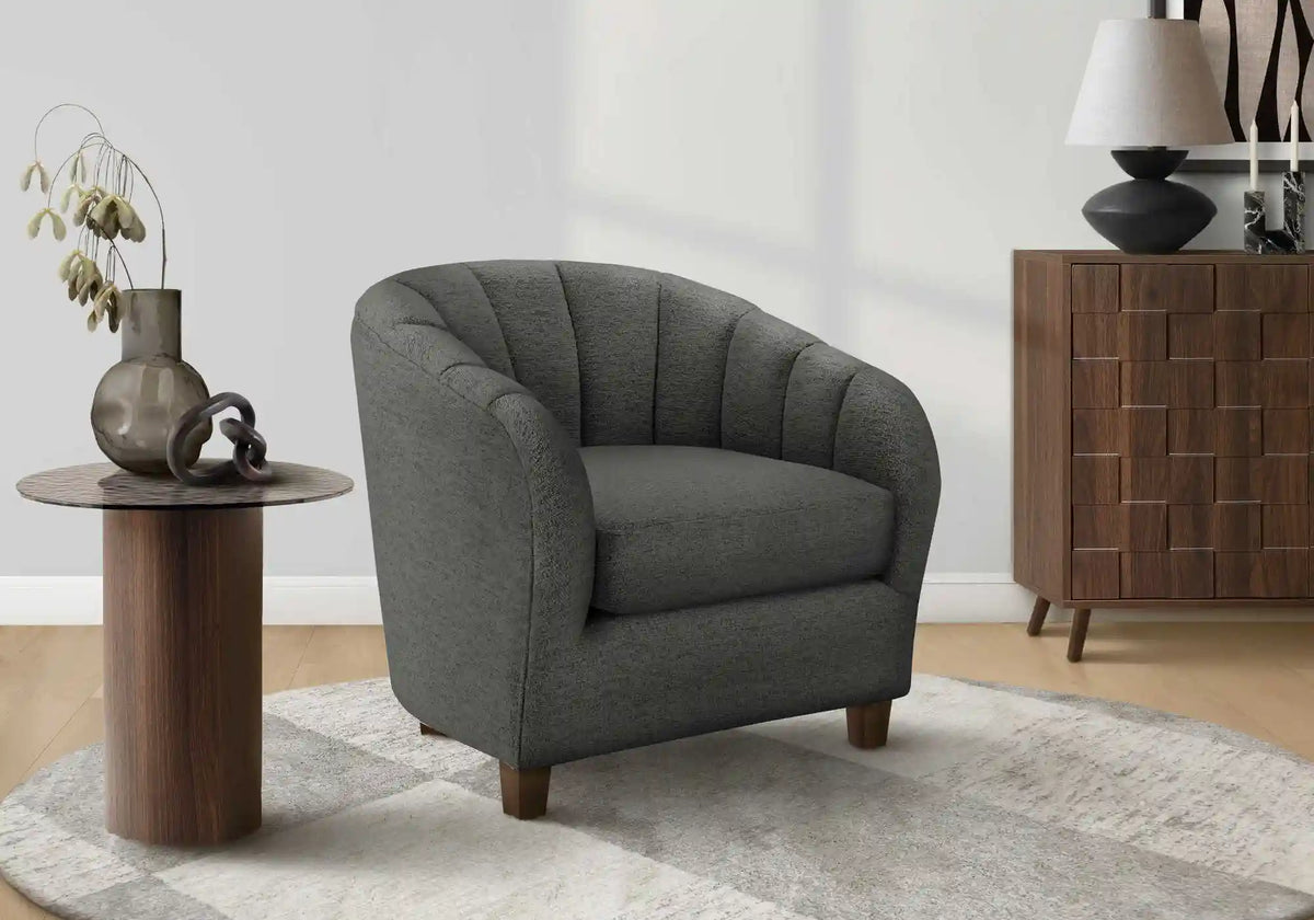 Silver Barrel Accent Chair in Fabric with Walnut Legs