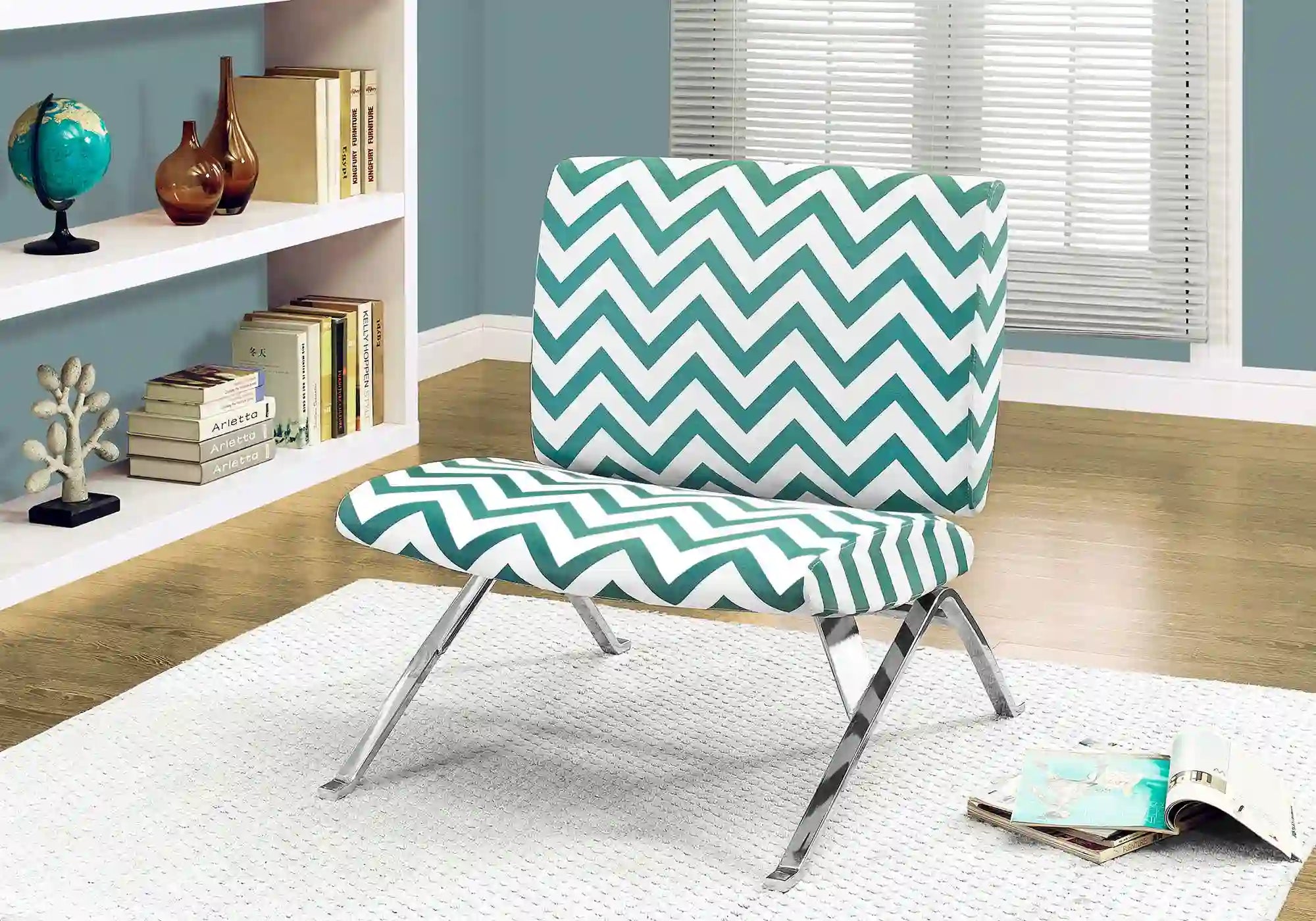 Chaise d'Appoint Motif Chevron Bleu Sarcelle et Pieds Chromés