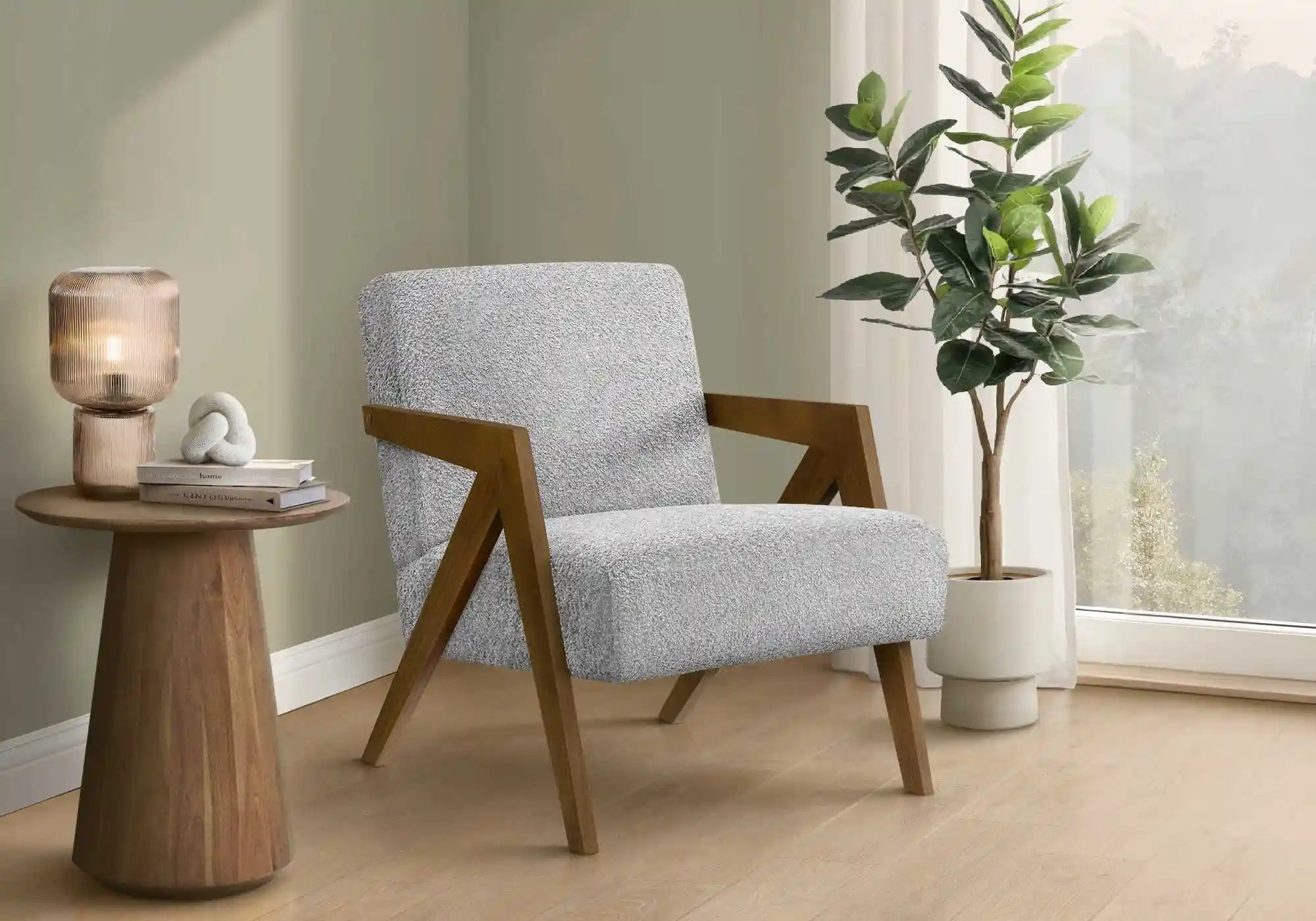 Fauteuil d'Appoint Gris Clair avec Accoudoirs en Bois Noyer