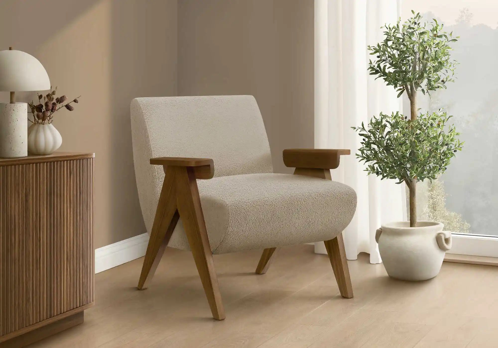 Fauteuil d'Appoint Tissu Beige et Pieds en Bois Noyer