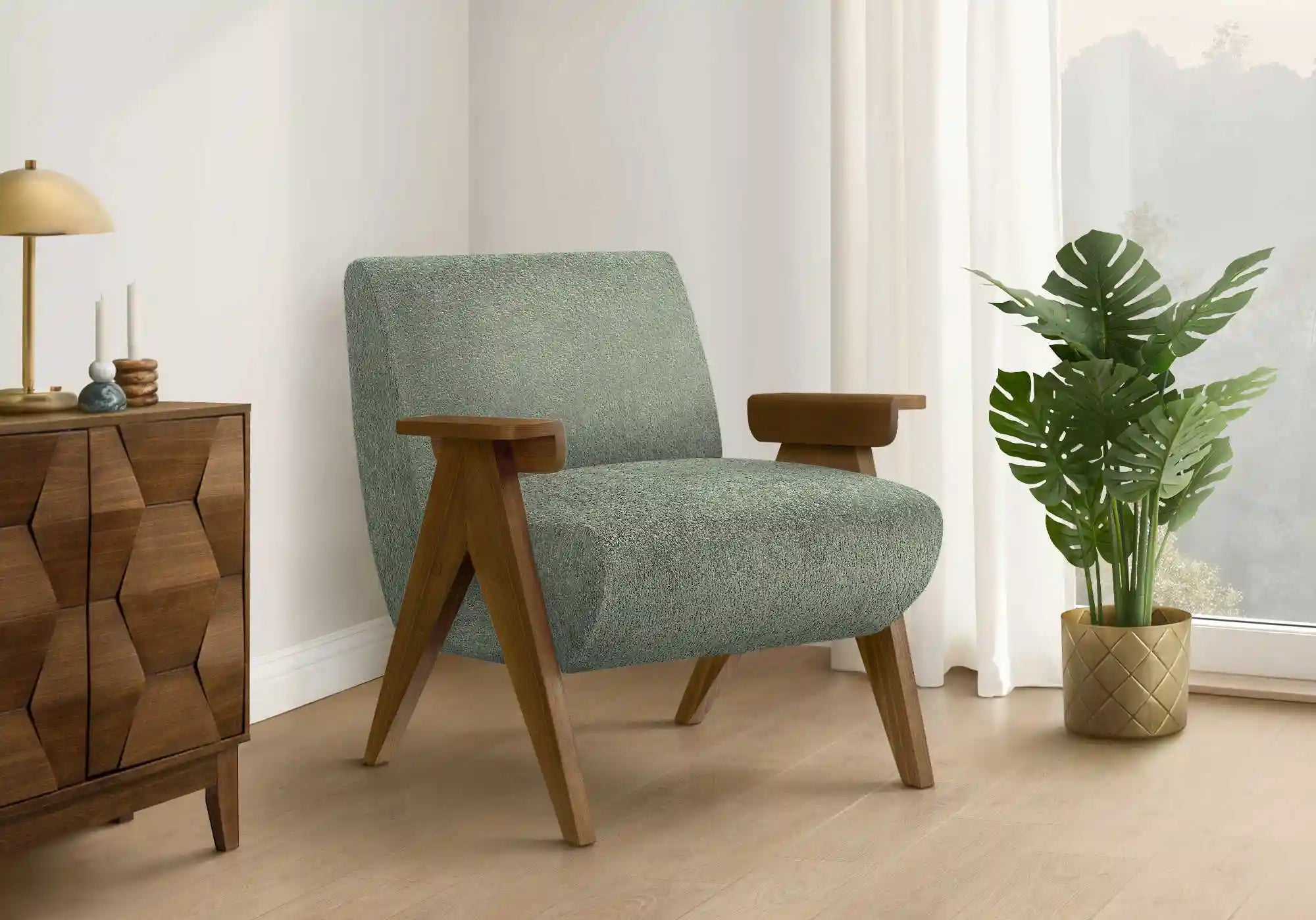 Fauteuil d'Appoint Tissu Beige et Pieds en Bois Noyer