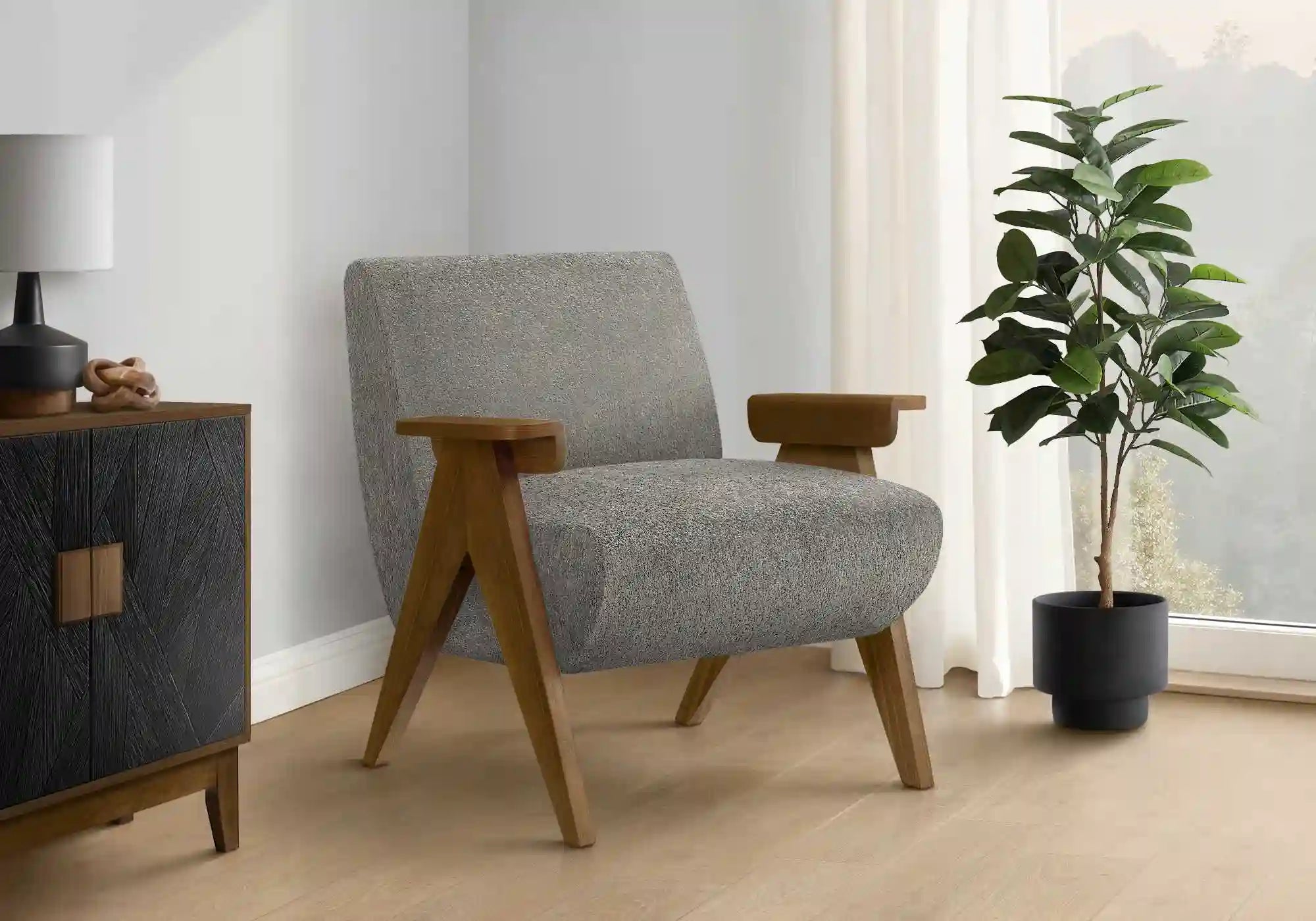 Fauteuil d'Appoint Tissu Beige et Pieds en Bois Noyer