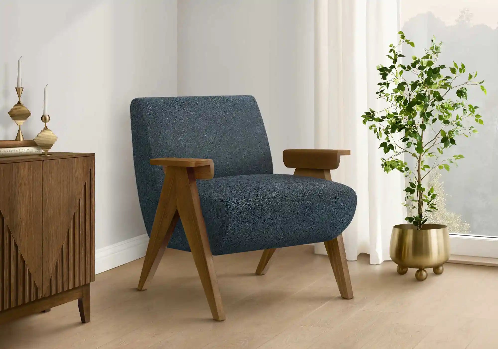 Fauteuil d'Appoint Tissu Beige et Pieds en Bois Noyer