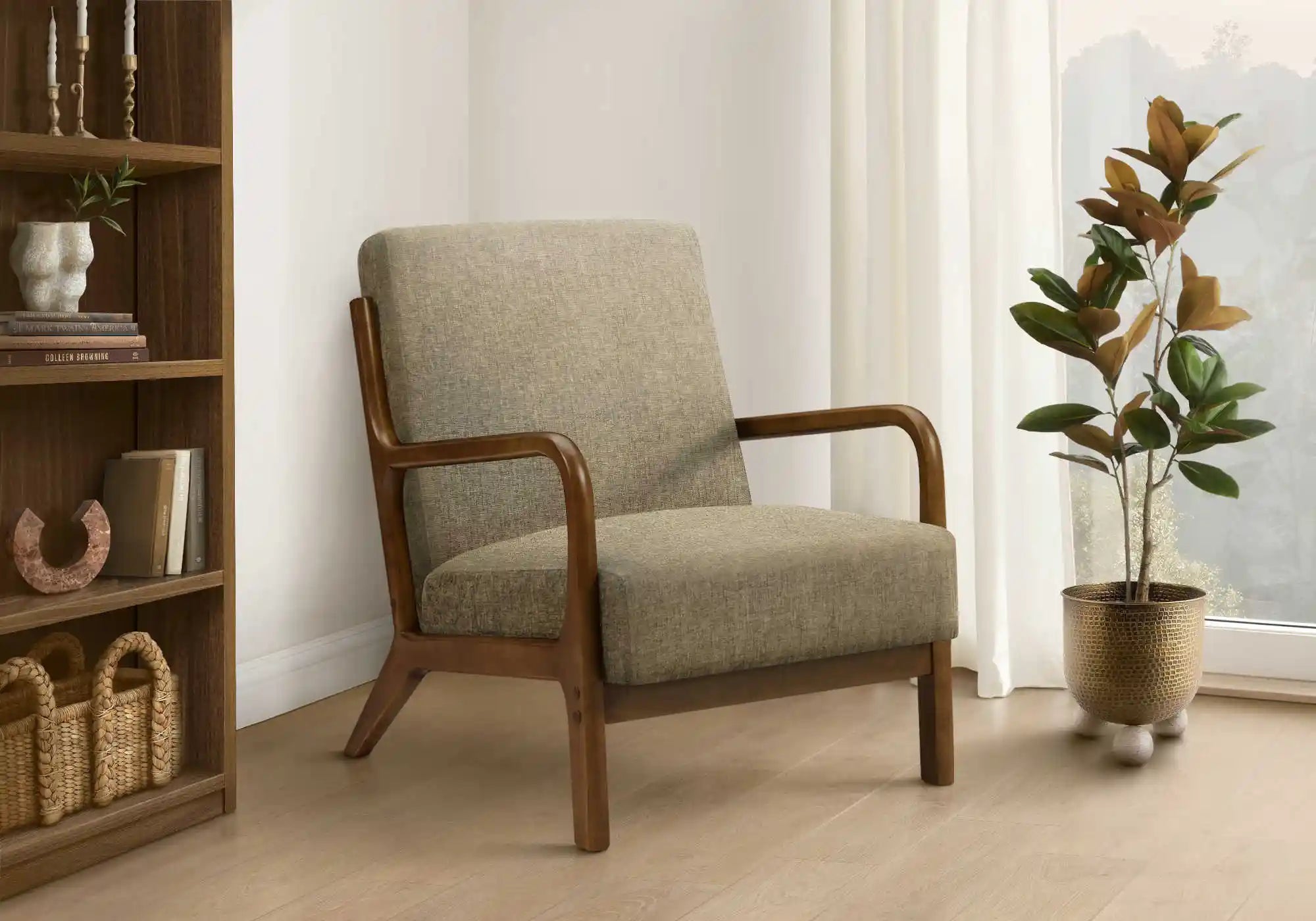 Fauteuil d'Appoint Brun Clair avec Accoudoirs en Bois Noyer