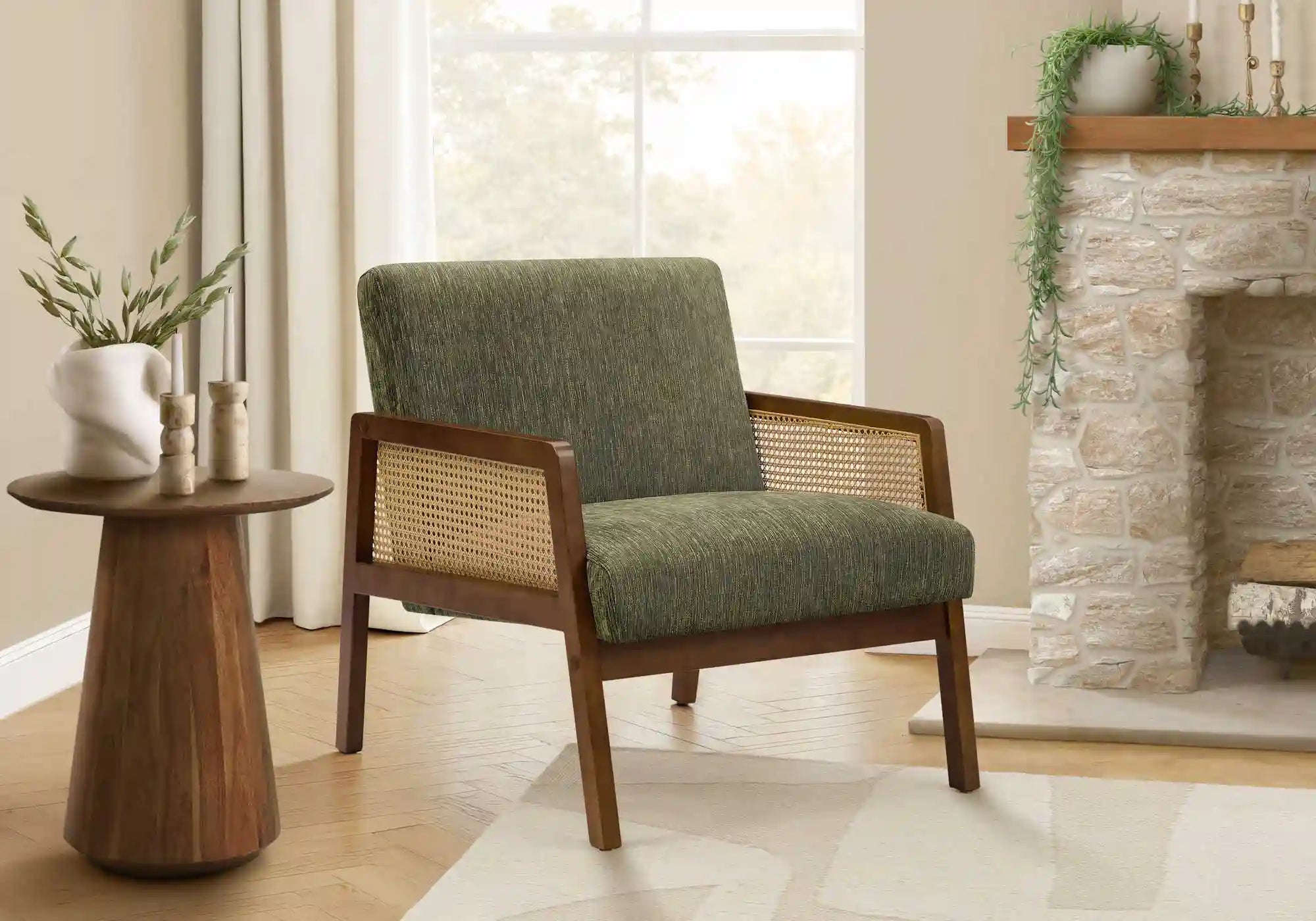 Chaise d'Appoint en Tissu Brun avec Côtés Tissés et Bois Noyer