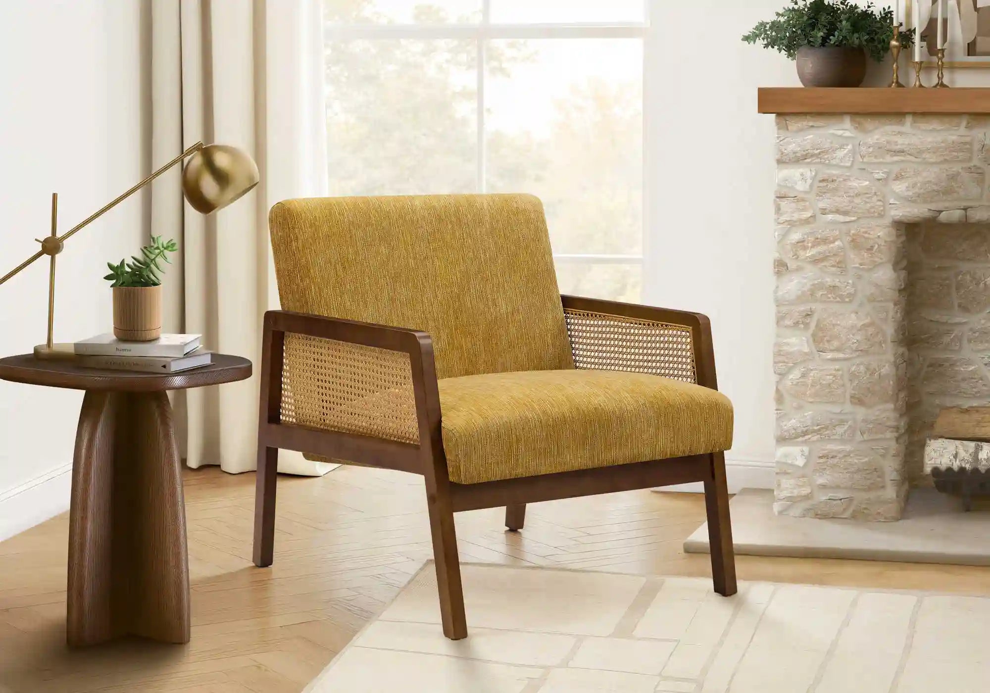 Chaise d'Appoint en Tissu Brun avec Côtés Tissés et Bois Noyer