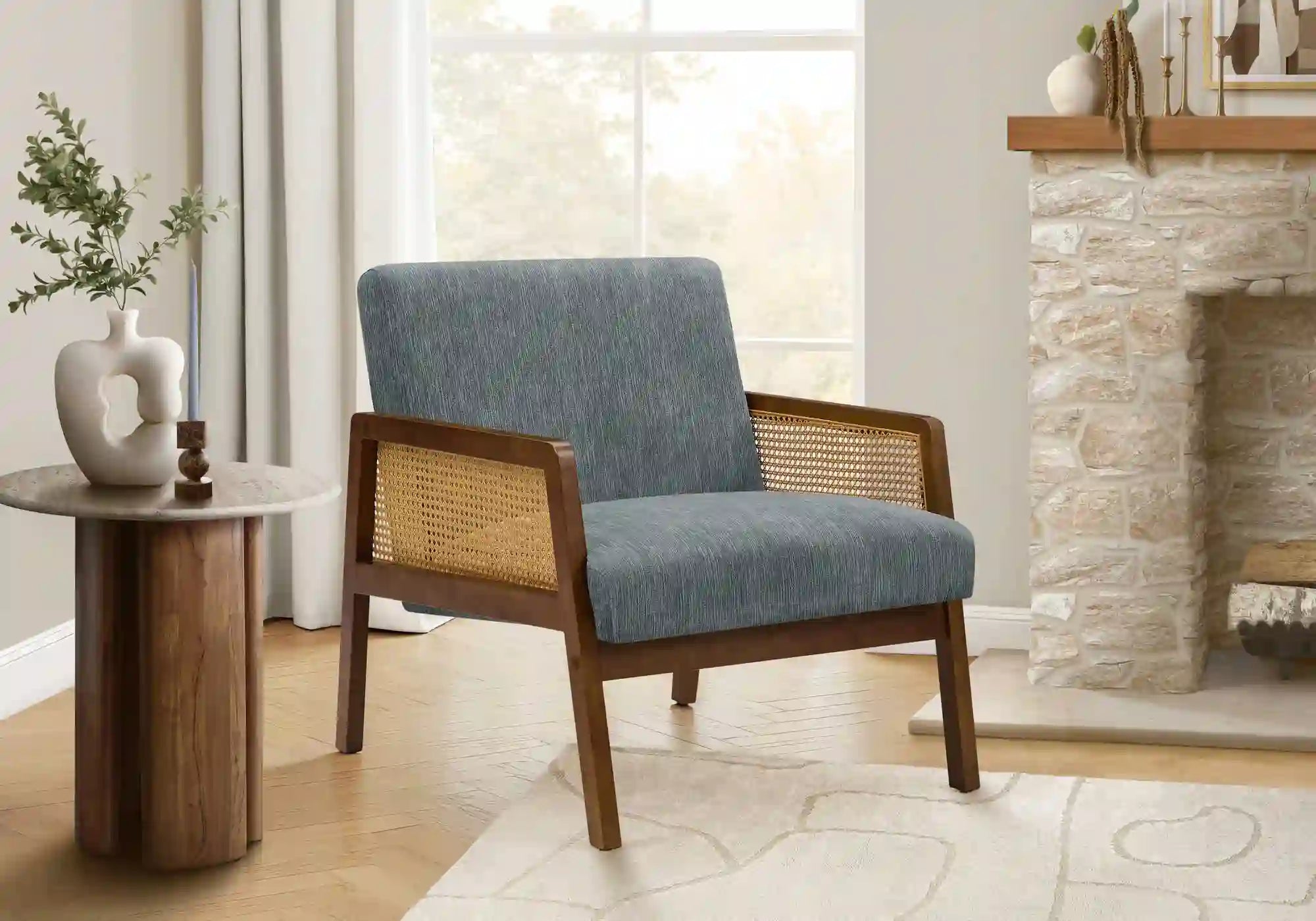 Chaise d'Appoint en Tissu Brun avec Côtés Tissés et Bois Noyer