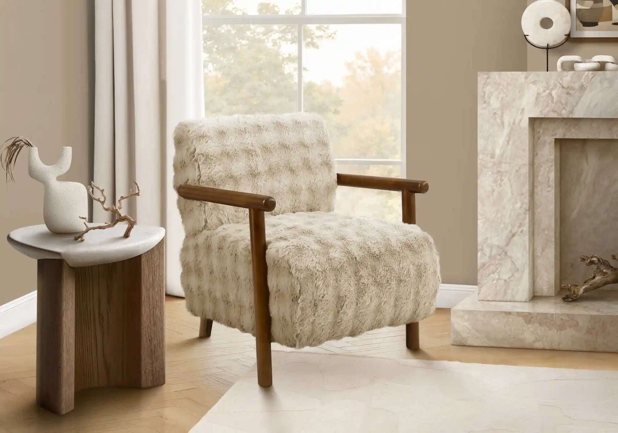 Fauteuil d'Appoint Fausse Fourrure Brun Clair Bois Noyer