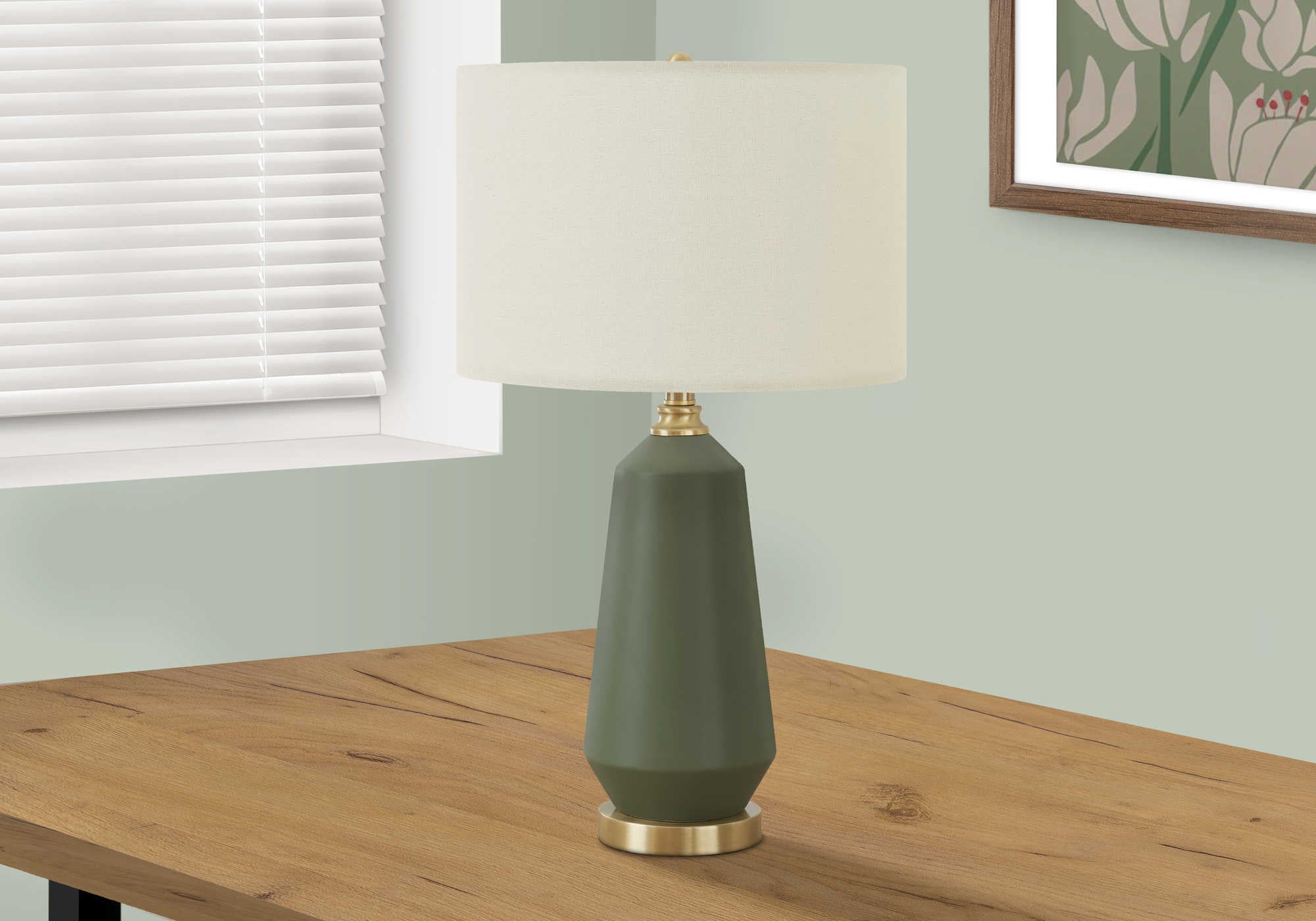 ÉCLAIRAGE - LAMPE DE TABLE 26"H CÉRAMIQUE VERTE / ABAT-JOUR IVOIRE
