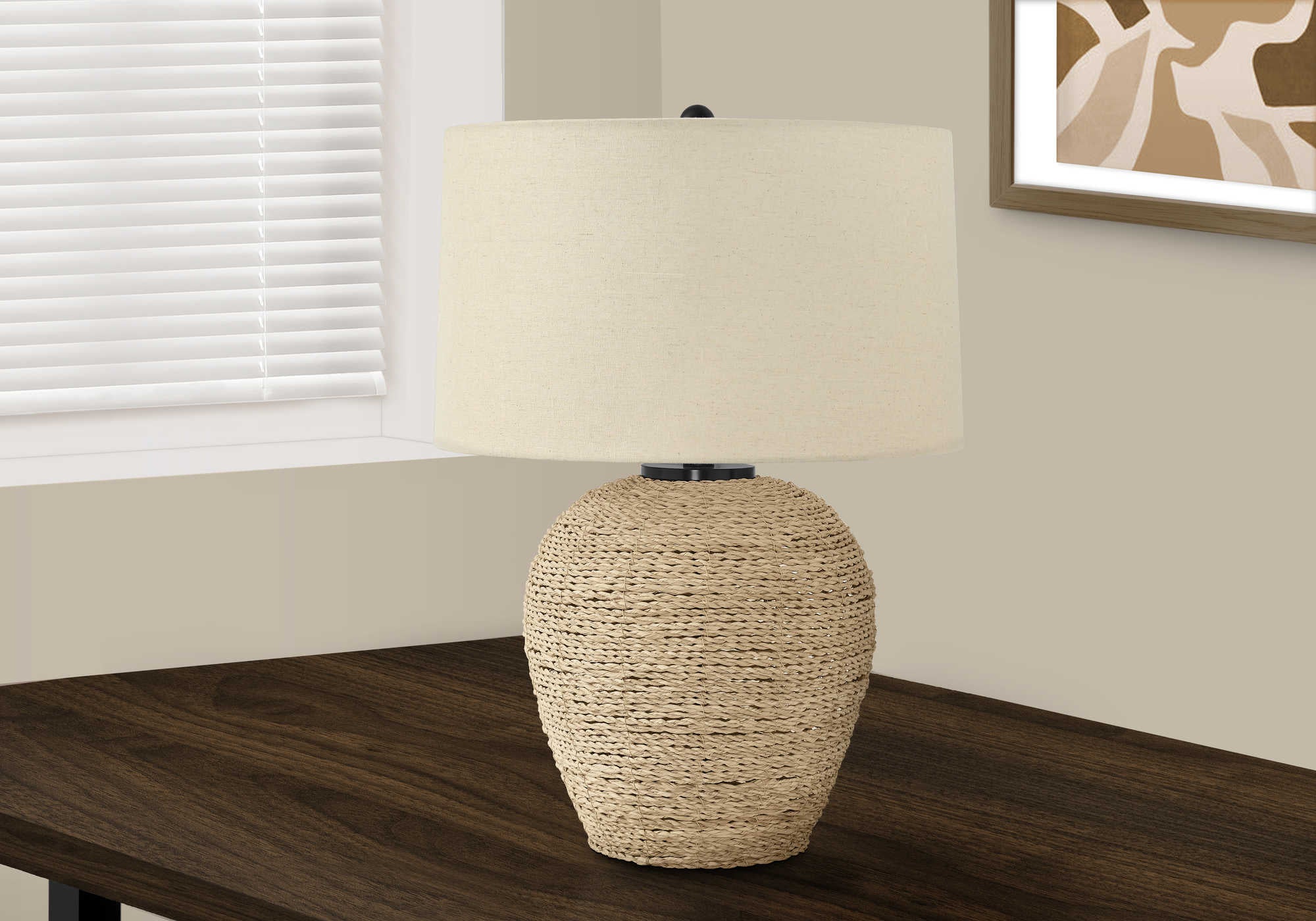 ÉCLAIRAGE - LAMPE DE TABLE 25"H ROTIN BEIGE / ABAT-JOUR BEIGE