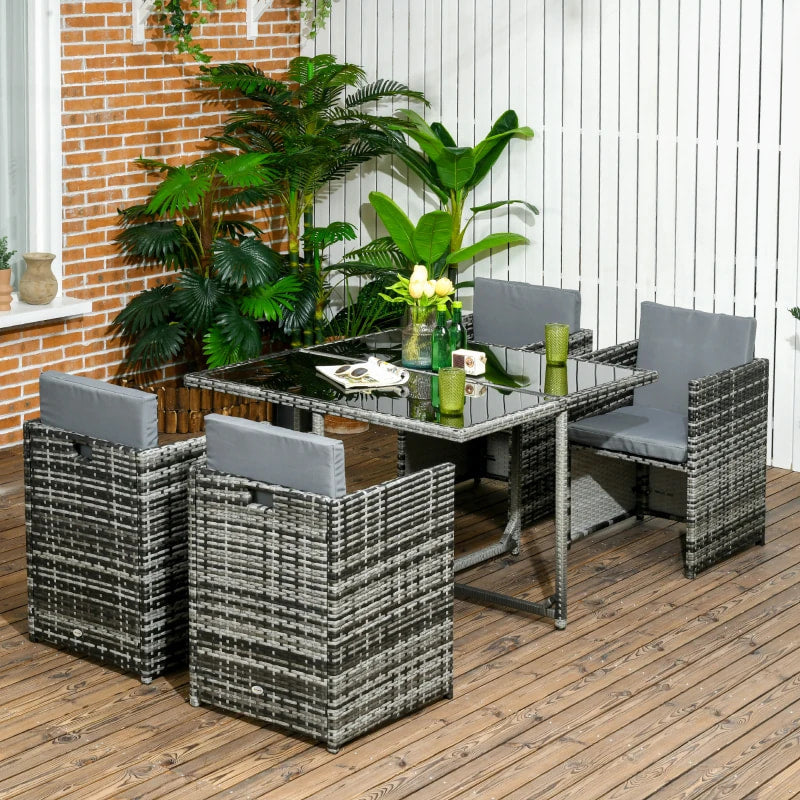 Ensemble de salle à manger d'extérieur 5 pièces, meubles en rotin, ensemble de conversation en osier, canapé, table de bistro, meubles de patio avec coussin et table en verre trempé, gris