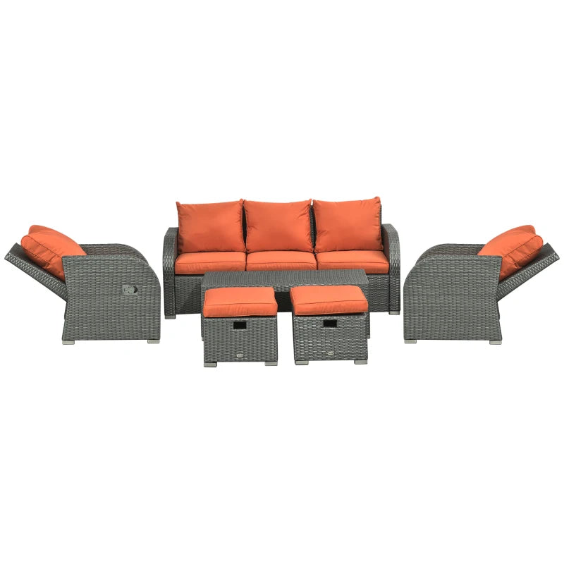 Meubles de patio avec coussins, 6 pièces en osier PE, ensemble de conversation avec un canapé à trois places, 2 chaises inclinables, 2 repose-pieds et une table, orange