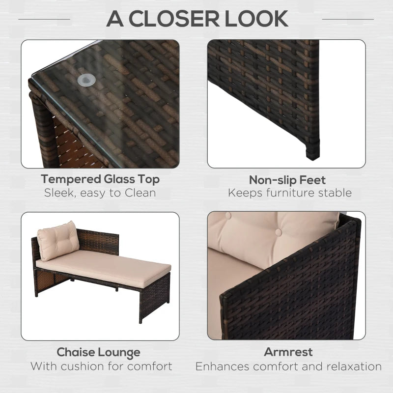 Ensemble canapé et Chaise longue d'extérieur en rotin et osier, 3 pièces, avec coussin, mobilier de jardin, Patio, marron et Beige