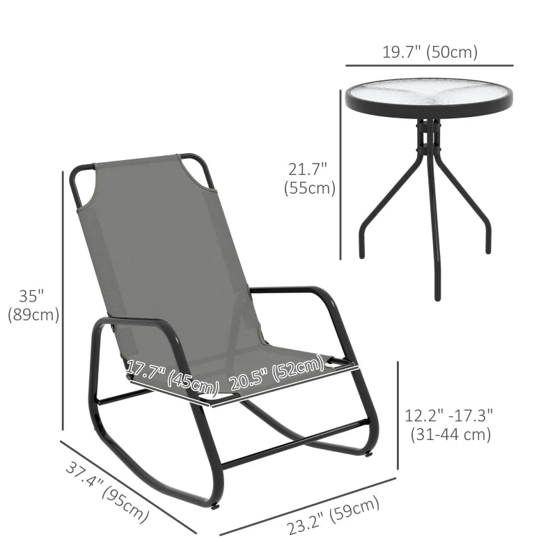 Ensemble de 2 chaises à bascule de patio, ensemble de bistro de patio 3 pièces avec cadre en métal, siège en tissu maillé respirant pour jardin, terrasse, gris