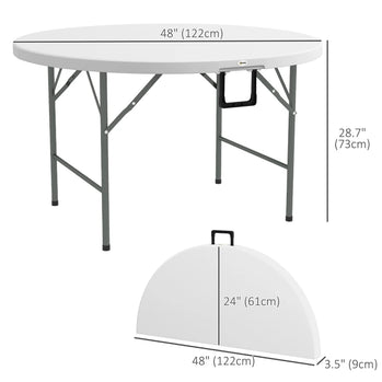 Table de patio pliante de 48 pouces, table de pique-nique extérieure en PEHD, table à cartes pour 6 personnes, banquet rond pliant avec cadre en métal, blanc