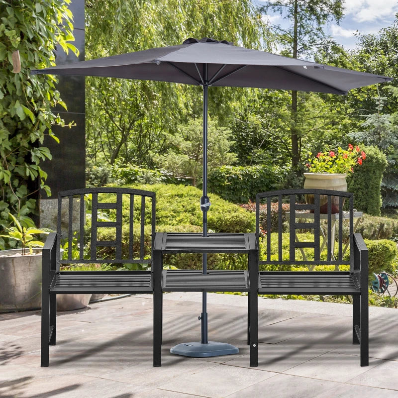 Banc de jardin en acier avec table centrale, trou pour parasol, siège double pour extérieur, patio, cadre résistant aux intempéries, noir