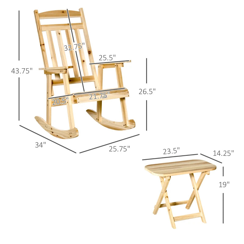 Chaise à bascule en bois avec table, ensemble à bascule d'extérieur avec fauteuil à dossier haut et table d'appoint pliable pour cour, jardin, porche, naturel
