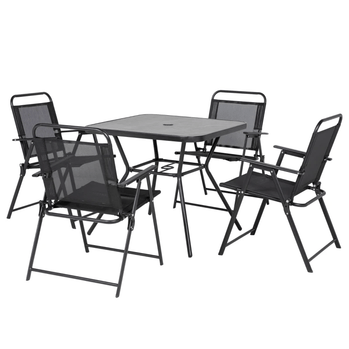 Ensemble de salle à manger d'extérieur 5 pièces avec 4 fauteuils pliables, ensembles de meubles de patio avec trou pour parasol et table de salle à manger en composite bois-plastique, siège en maille, noir