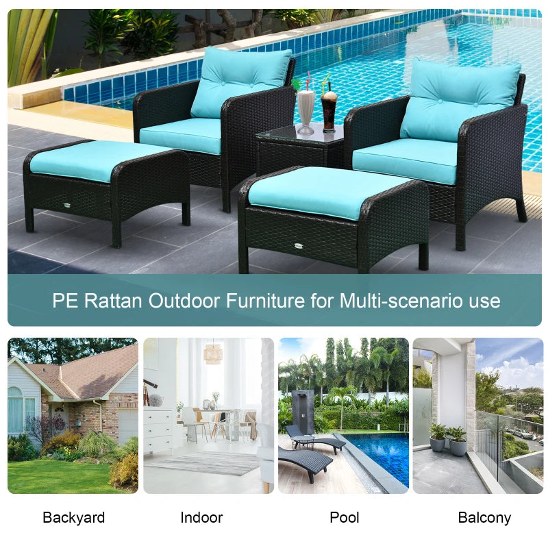 Ensemble de 5 meubles de patio en osier avec coussins rembourrés épais, ensemble de café de conversation en rotin PE avec fauteuils, repose-pieds et table en verre, bleu clair