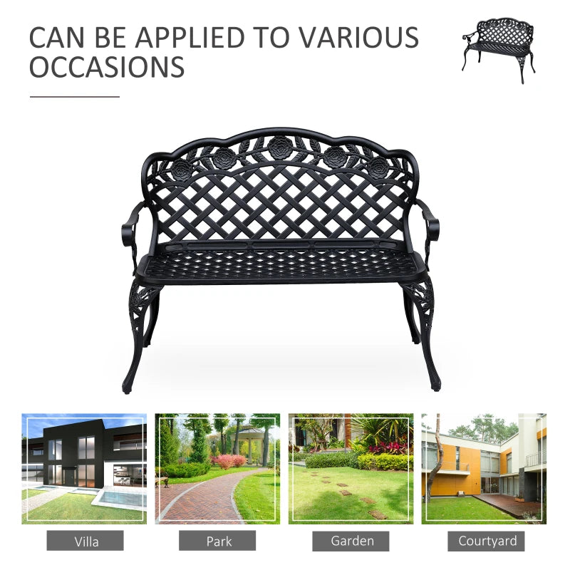 Banc de jardin en métal, causeuse d'extérieur 2 places avec accoudoirs et dossier à volutes florales, 42,1"x22,8"x33,5", noir