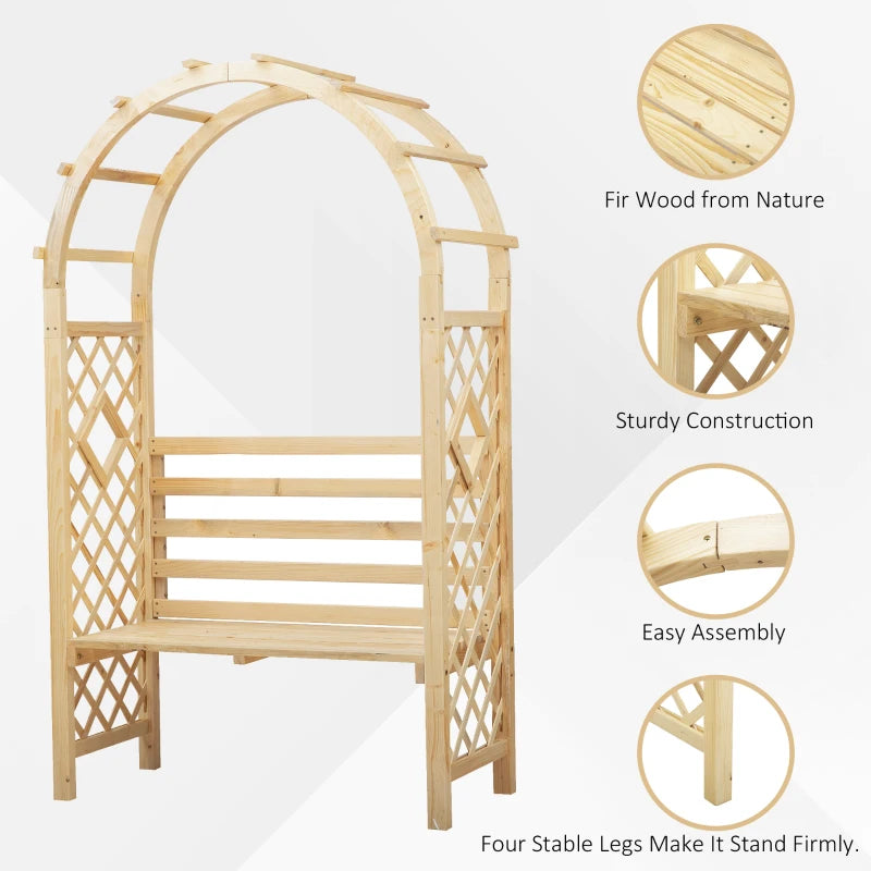 Banc de jardin avec arche en bois, treillis pour vignes/plantes grimpantes pour meubles de terrasse, décoration de porche, tonnelle de jardin et sièges de jardin extérieur, nature