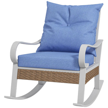 Chaise à bascule d'extérieur en rotin avec coussin doux, fauteuil en osier avec siège large, dossier incliné pour jardin, terrasse, balcon, pelouse, bleu clair