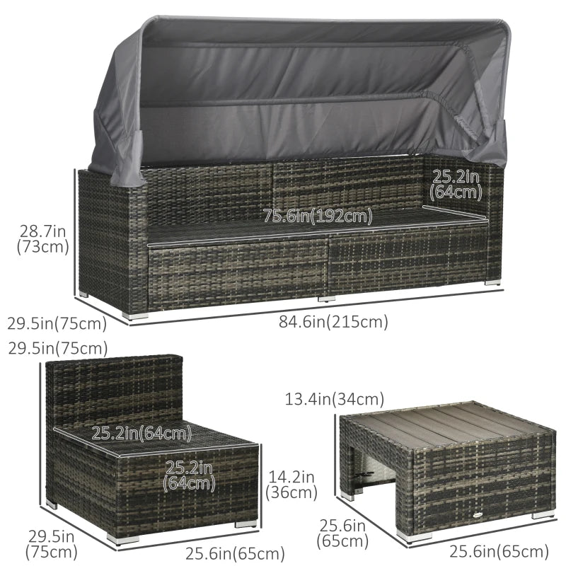 Ensemble de meubles de patio 4 pièces, canapé sectionnel d'extérieur en osier de rotin avec auvent rétractable, coussins, canapé 3 places pour arrière-cour, jardin, gris