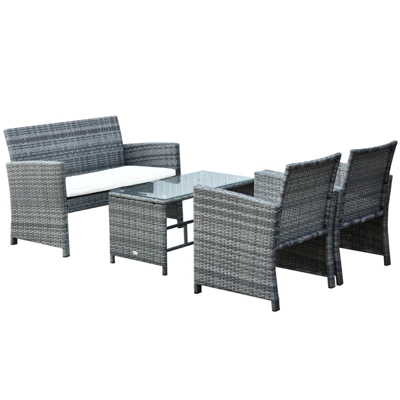 Ensemble de meubles de patio 4 pièces avec coussins, ensemble de canapé de conversation d'extérieur en rotin PE avec table basse et causeuse avec plateau en verre, pour jardin, balcon, blanc crème