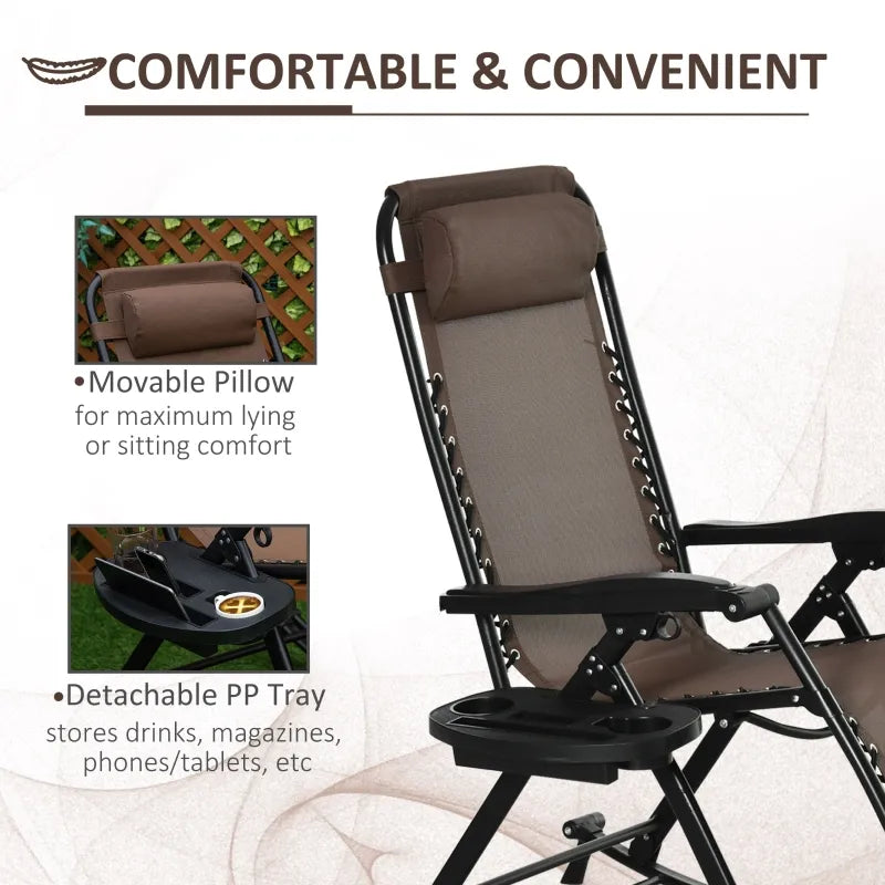 Chaise longue inclinable réglable 2 en 1 à gravité zéro, fauteuil de jardin inclinable et à bascule, chaise longue pliable, siège de sieste avec appui-tête et plateau marron