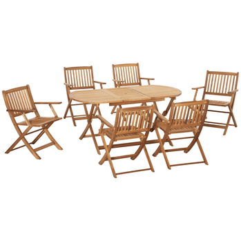 Ensemble de salle à manger de patio en bois de 7 pièces pour 6 personnes, ensemble de table à manger et de chaises avec trous pour parasol, meubles de patio d'extérieur pliants, teck