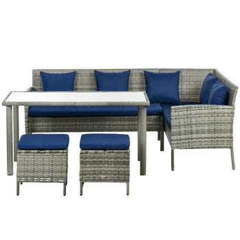 Ensemble de meubles de salle à manger de conversation de patio en osier 5 pièces avec coussins, table et poufs, bleu vif