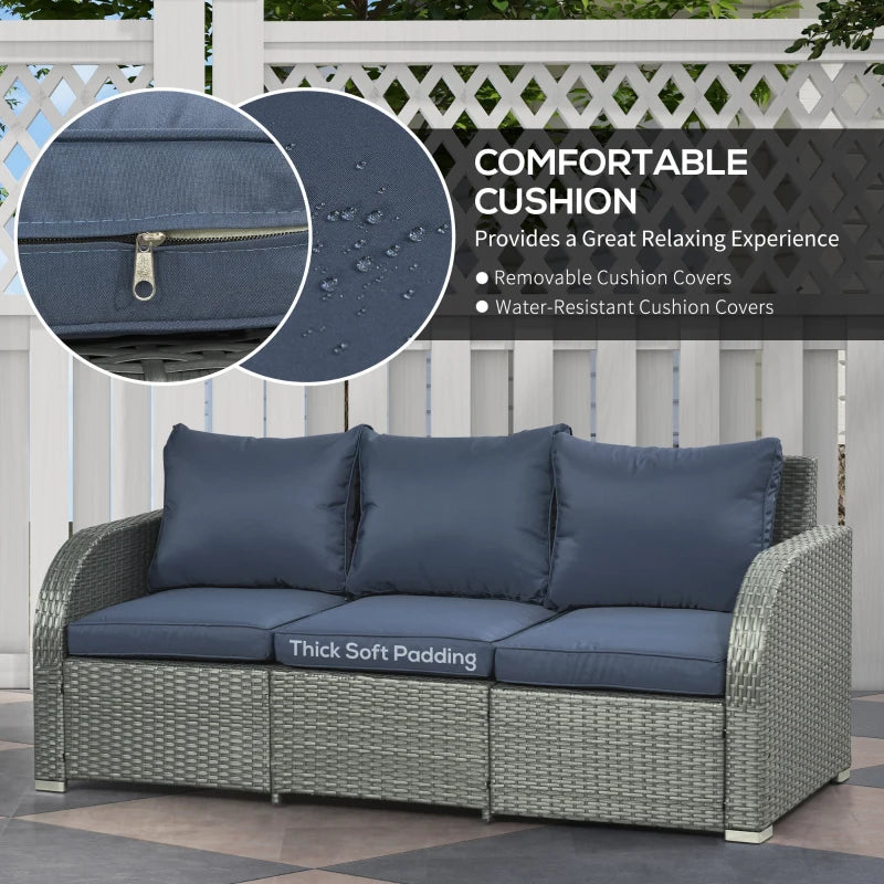 Meubles de patio avec coussins, 6 pièces en osier PE, ensemble de conversation avec un canapé à trois places, 2 chaises inclinables, 2 repose-pieds et une table, bleu foncé