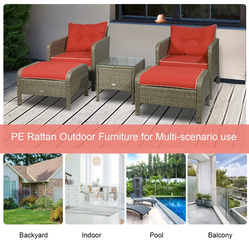 Ensemble de 5 meubles de patio en osier avec coussins rembourrés épais, ensemble de café de conversation en rotin PE avec fauteuils, repose-pieds et table en verre, rouge