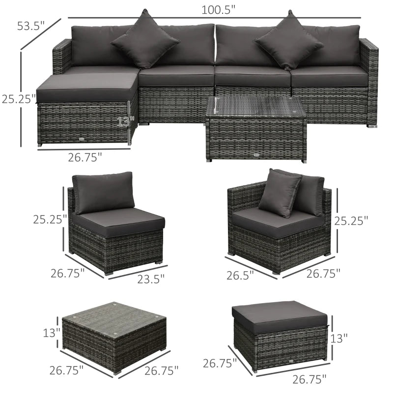 Ensemble de 6 meubles de patio en osier et rotin PE avec coussins épais, canapé sectionnel de jardin de luxe avec table en verre, gris mélangé et charbon de bois
