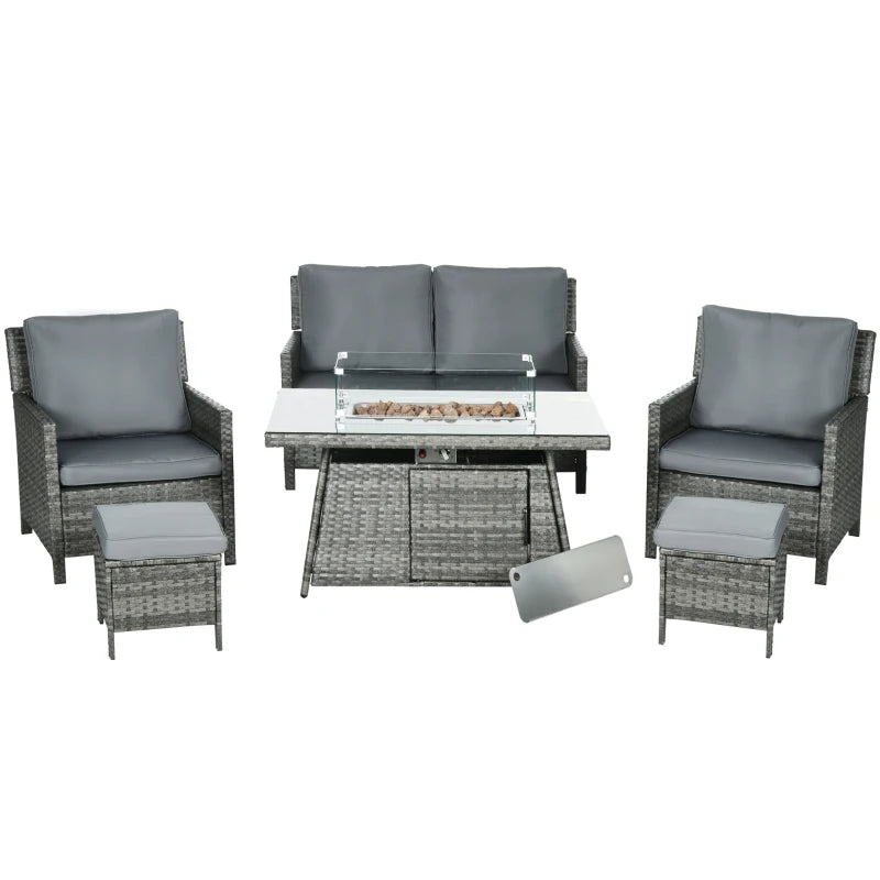 Ensemble de meubles de patio 6 pièces avec table de foyer à gaz de 50 000 BTU, table de salle à manger et chaises d'extérieur en rotin PE, ensemble de canapé de conversation sectionnel avec coussins, gris